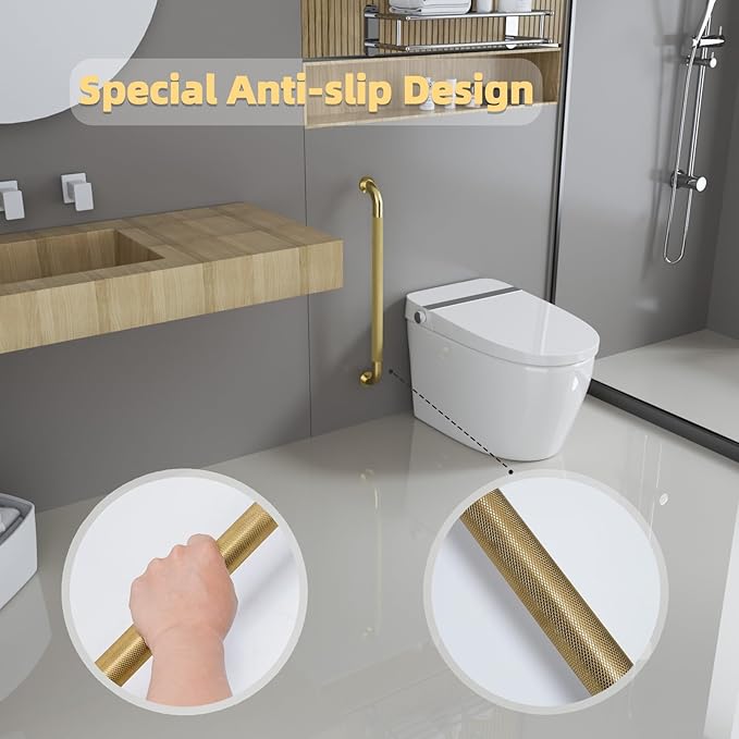 2 Pack Shower Grab Bar, Brushed Gold 32 Inch Bathroom Grab Bar Handle with Anti-Slip Knurled Grip, Stainless Steel Bath Balance Bar, 1.25" Diameter Bath Safety Bar Support for Seniors Elderly Pregnant