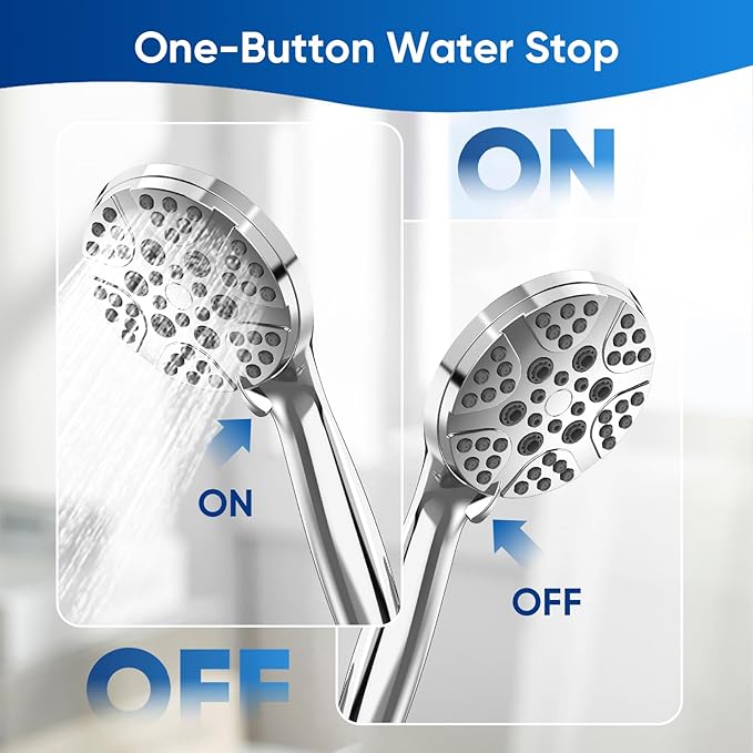 High Pressure Shower Head with Handheld, 6 Spray Modes & Pause Button, 4.1” Rainfall Detachable Showerhead with Anti-burst Nylon Hose & Holder, Premium ABS, Anti-Clog Nozzles, for Low Water Pressure