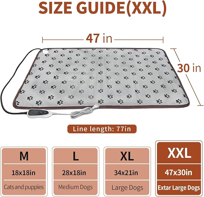 GOLOPET Extra Large Dog Heating Pad 47x30 in with Smart Thermostat Switch and Power Line Protection Tube,Obtained MET and UL Dual Certification,Waterproof Pet Heating pad-Paw Print