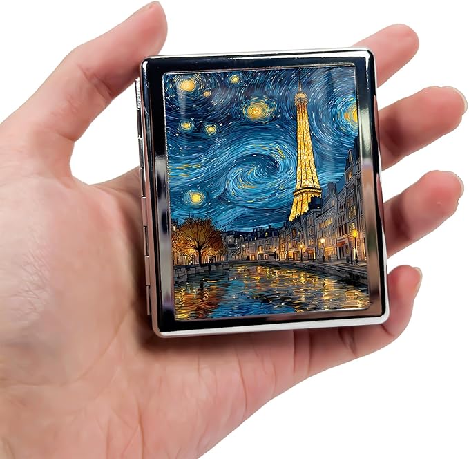 Metal Pill Organizer Box with Mirror – 8 Compartment Chrome Pill Case, Pocket-Size Travel Pill Container for Vitamins, Seniors, Daily Use (Starry Night Over Paris)