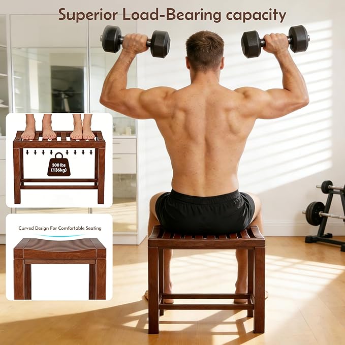 Rubber Wood Shower Bench, Non-Slip Waterproof Wooden Shower Stool for Adults & Elderly, Sturdy Bath Seat for Inside Shower or Tub – 20.08" D x 14.96" H x 6.3" W