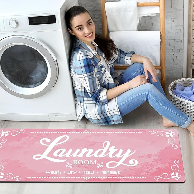 XLHOMO Laundry Room Rugs and Mats, 17.7"x45" Pink Laundry Room Rug Runner Non Slip, Washable Anti Fatigue Laundry Floor Mat for Mudroom, Kitchen, Washroom, Bathroom, Hallway, Entryway Carpet Decor