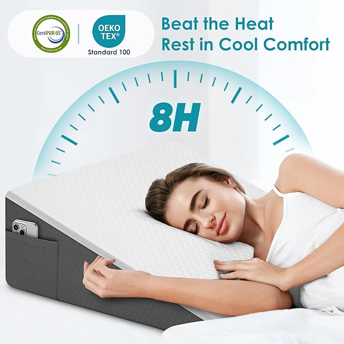 Sleeping Bed Wedge Pillow for Adults Seniors, 10 inch Cooling Memory Foam Incline Pillow Wedge for Head, Neck & Back Support and Leg Elevation, Removable Washable Cover, White