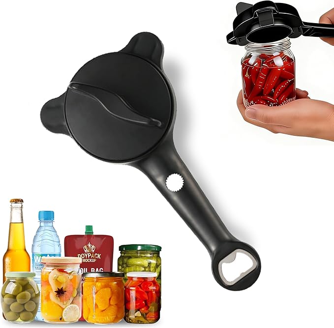 4-In-1 Jar Opener, Adjustable Stainless Steel Ergonomic Jar Opener Tool For Seniors, Bottle And Jar Openers For Arthritic Hands, Can Openers For Beer, Sauces, And Canned Goods (Black)