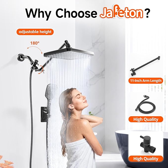 XXL 12.2" Rain Shower Head with Handheld Spray Combo, High Pressure Rainfall Shower Head, Height Adjustable Dual Shower Head, Luxury Waterfall Showerhead Bathroom