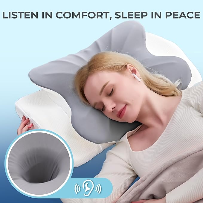 BDEUS Cervical Pillow for Side Sleepers, Neck Pillow for Sleeping, Memory Foam Ergonomic Pillow for Neck Pain Relief, Butterfly Contour with Arm Grooves, Dual Height Cooling Washable Cover, Grey