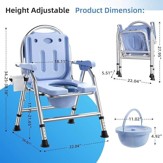 4 in 1 Folding Bedside Commode Chair for Elderly with Arms and Back,Adjustable Height Raised Toilet Seat with Handles,Adults Potty Chair for Seniors,Disabled,Holds Up to 350 lb (ABS Plastic Seat)
