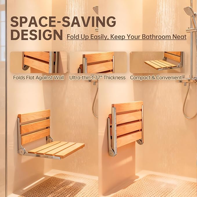 Jamini Folding Shower Seat Wall Mounted, 16.5", Beech Wood + SUS304 Steel, Heavy-Duty 330 lbs Seat for Seniors & Pregnant Women, Fits Small Showers, Balcony & Dressing Area