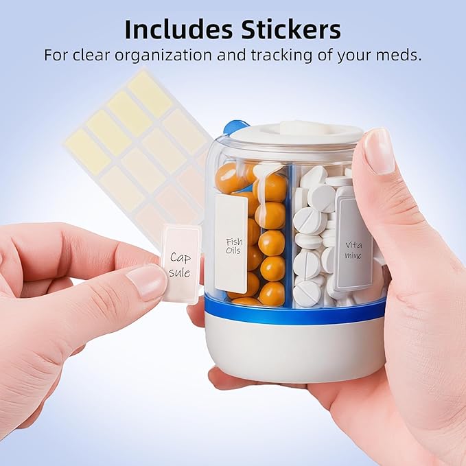 4 Compartments Pill Bottle Organizer, Anti-Mix Travel Pill Dispenser with Safety Lock, Pill Case with 16pcs Labels, Cute Pill Organizer for Seniors, Caregivers & Daily Vitamin Management(Blue)