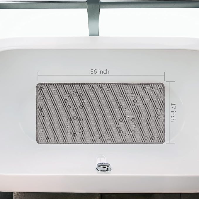 Shower and Bath Mat,Non-Slip Machine Washable and Extra Large Bathtub Mats with Drain Holes and Suction Cups Soft Foam Tub Mats-36” X 17”,Grey