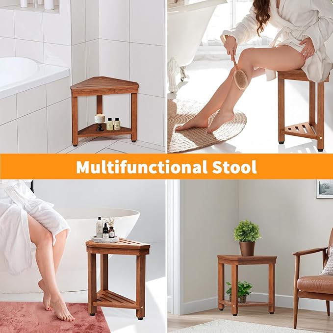 Shower Foot Rest 15 in, Acacia Shower Stool for Shaving Legs,Corner Bath Shower Bench with Starage Shelf for Inside Small Shower Spaces