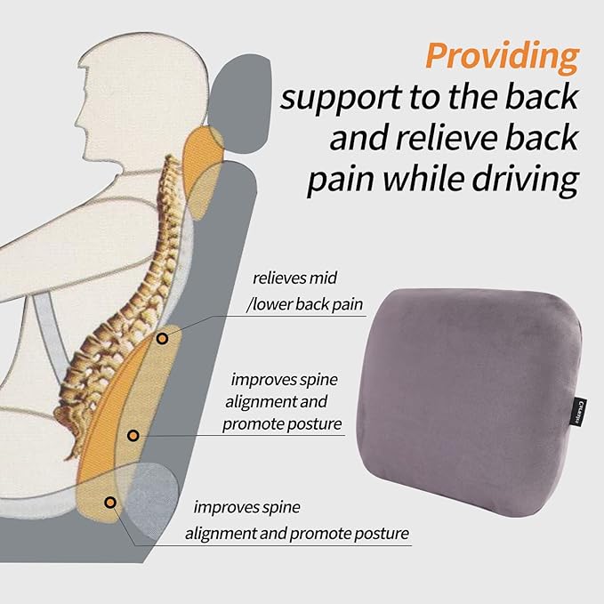 Carwales Lumbar Support Pillow for Car Seat Cushion Office Chair Thin Lower Back Pain Waist Support Driver Road Trip Accessories for Women Men Grey