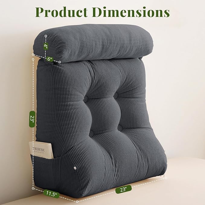 Sasttie Wedge Pillow Set, 2PCS Reading Pillow for Sitting, Bed Wedge Pillow Headborad for Sleeping, After Surgery, Acid Reflux, Leg and Back Support, with Neck Cushion, 23"x11.5"x23", Dark Grey