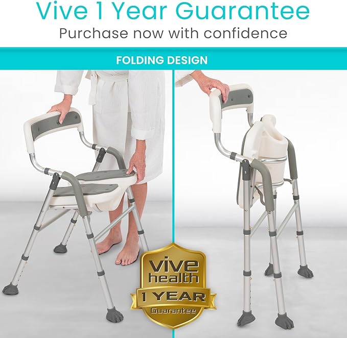 Vive Shower Chair for Elderly & Disabled - Handicap Bath Chair with Arms & U-Shape - Foldable, Adjustable Height - Padded Soaking w/Back & Drain Hole - Portable, Non-Slip, Safe Disability Aid