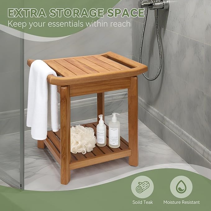 17" Teak Shower Chair with Storage Shelf & Handle, Non-Slip Waterproof Wooden Shower Bench, Stable Bathroom Seat and Heavy Duty Shower Stool for Tub or Indoor Use, Ideal for Elderly, Recovery