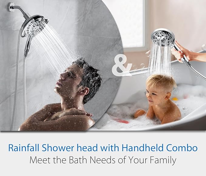 INAVAMZ 2-in-1 Shower Head with Handheld Combo: 2.5GPM Rainfall Shower Head & Handheld Shower Head Use Together or Alone, 9 Spray Settings Hand Held Shower Head with Hose, Shower Trim Systems