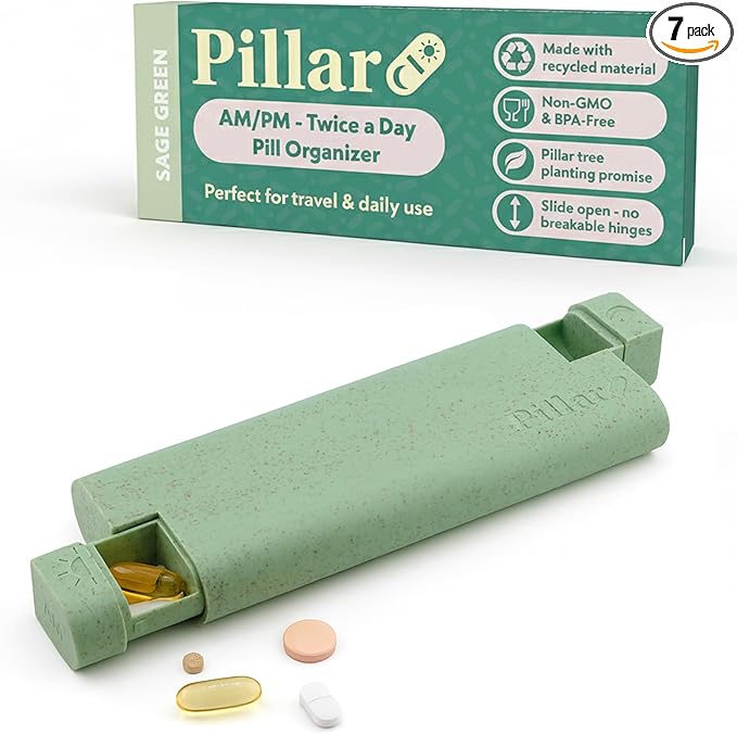Pillar AM/PM Pill Box Organizer Two Times a Day | Aesthetic 7 Day Tablet Organizer 2 Times A Day | Beautiful Weekly Pill Box for Day and Night Medication (Sage Green)