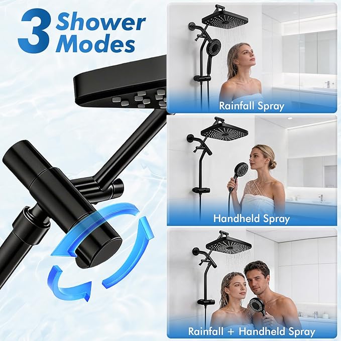 Shower Head with Handheld, 12" High Pressure Rain Shower Heads with Filtered Handheld Spray Combo, Black Showerheads & Hand Held Showers Set with Adjustable Extension Arm for Bathroom