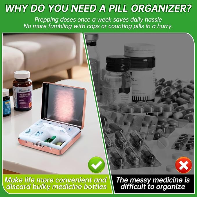 Portable Metal Travel Pill Organizer (7 Days a Week), Large Capacity 8 Compartments, BPA-Free (M-Antique Red, Medium)