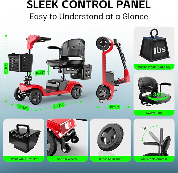 Mobility Scooter for Seniors,Motorized Scooter,Electric Scooter for Adults 300 lbs,Detachable Battery,Dual Baskets and Rear Tail Lights(Red)