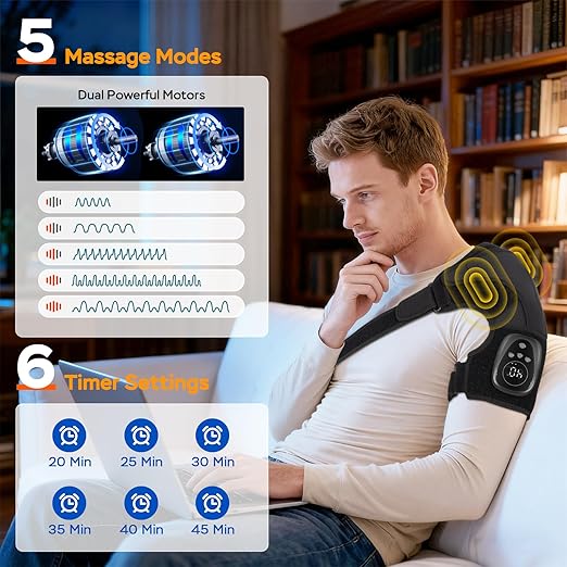 Red Light Heated Shoulder Wrap with Massage, Cordless Shoulder Heating Pad for Rotator Cuff Pain Relief, Rechargeable Shoulders Brace for Men Women, Left