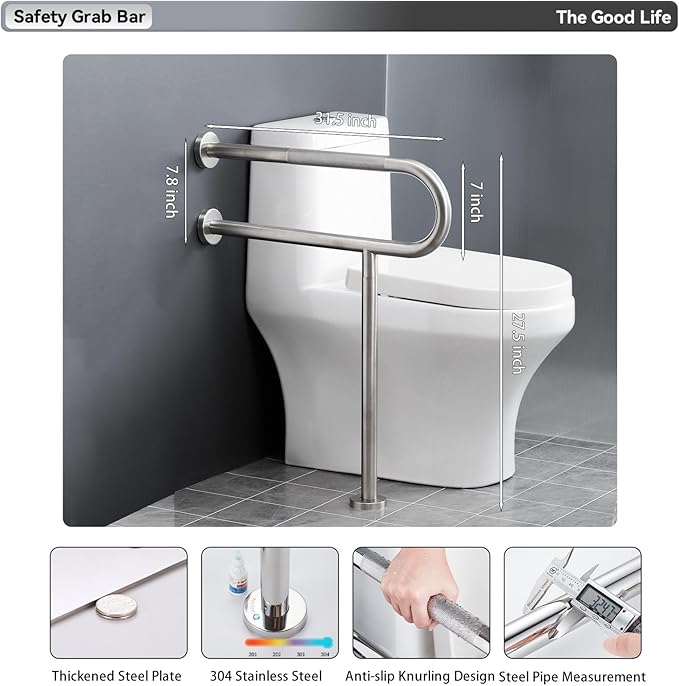 31.5" x 27.5" Floor to Wall Toilet Support Rail with Leg, Anti-Slip Brushed Nickel Handicap Grab Bar for Bathroom, Stainless Steel Knurled Safety Handrails, 1.25" Tube for Elderly, Disabled