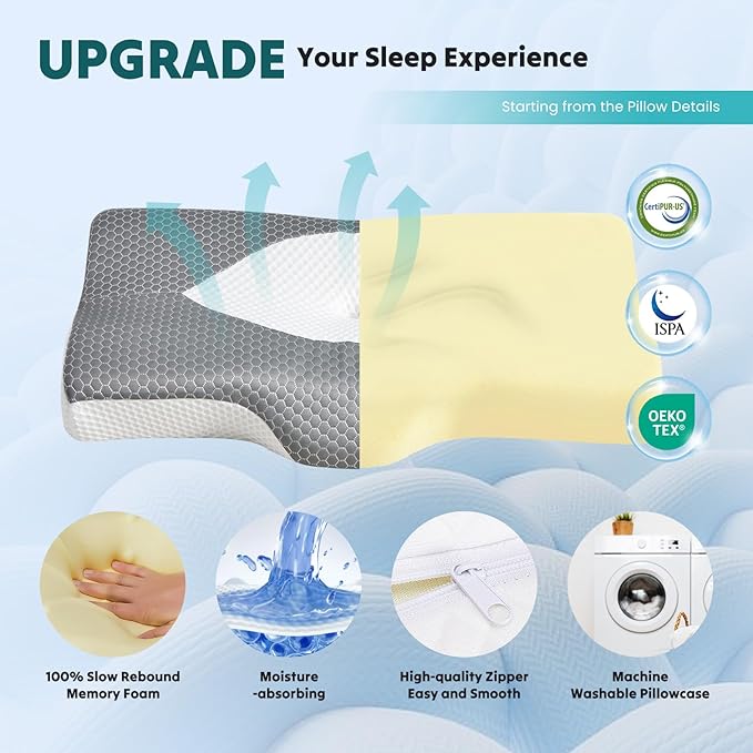 DUMOS Cervical Neck Pillow for Sleeping, Cooling Ergonomic Memory Foam Pillow with Arm Rest Slot and Ice Silk Pillowcase, Dual Height Orthopedic Support Contour for Side, Back, Stomach Sleepers