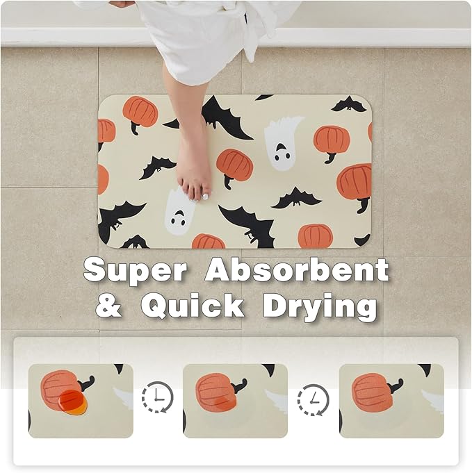 TYUU Halloween Bath Mat, Thin Bathroom Rug Non Slip Quick Dry Pumpkin Bath Mat Fits Under Door Thin Floor Mat Halloween Decor, 17''x30'', Pumpkins Bats and Ghost