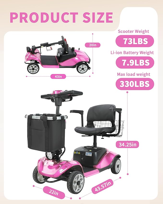 Mobility Scooter for Seniors/Adults, up to 300lbs Capacity, 4 Wheel Heavy Duty Mobility Scooters with 15 Miles 350W 5MPH，Front Basket, Adjustable Seat, LED Headlights