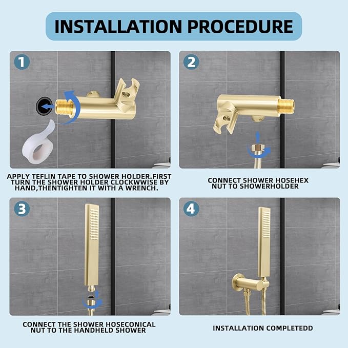 Solid Brass Handheld Shower Head Arc Design High Pressure Brushed Gold Hand Shower Wand with Adjustable Supply Elbow Wall Connector Shower Holder and 59″ Stainless Steel Hose Set