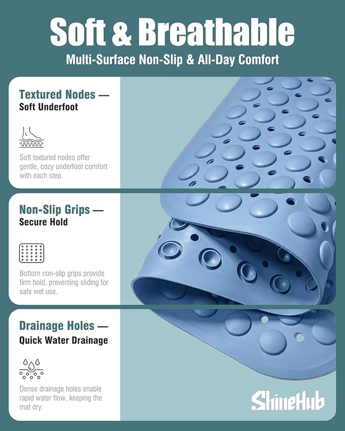 7mm Extra Thick TPE Bath Mat, Non-Slip Shower Mat for Bathroom and Tub, 28x16 Inch with Drainage Holes and Stability Grip, Machine Washable, Seashell Blue