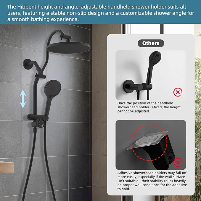 Hibbent Upgraded cUPC Certified Self-cleaning Shower Head Combo, High Pressure 10'' Rain Showerhead with 3-Spray Handheld, All Metal Arm with Easy Reach 4-way Diverter, 71" Hose & Holder, Matte Black