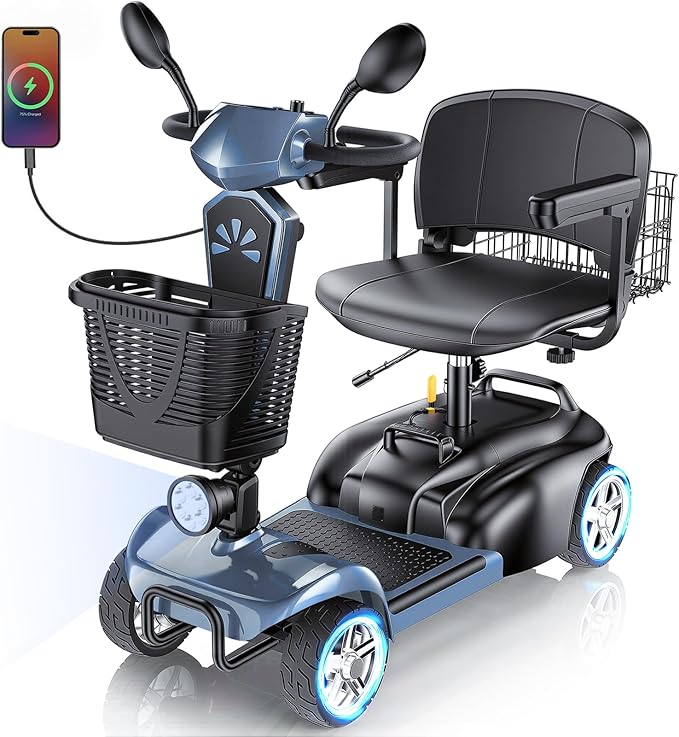 15/25/30/50Miles Eldryvon 4 Wheels Electric Mobility Scooter for Seniors, Dual Basket, 350W Powered Wheelchair with Rotating Seat, Mirrors, Foldable Motorized Scooter for Adults (Grey, 50Miles)