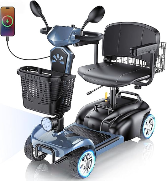 15/25/30/50Miles Eldryvon 4 Wheels Electric Mobility Scooter for Seniors, Dual Basket, 350W Powered Wheelchair with Rotating Seat, Mirrors, Foldable Motorized Scooter for Adults (Grey, 25Miles)
