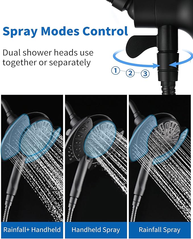 INAVAMZ 2-in-1 Shower Head with Handheld Combo: 2.5GPM Rainfall & Handheld Shower Head Use Together or Alone, 9 Spray Settings Hand Held Shower Head with Hose, Black