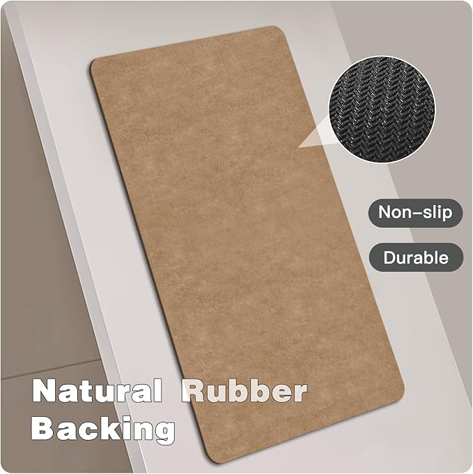 TYUU Bathroom Mat Quick Dry, Bathroom Rugs Non Slip Washable Thin Absorbent Bath Mat Fits Under Door Bathroom Floor Mat Perfect for Bath, Shower, or Sink 20"x30" Camel
