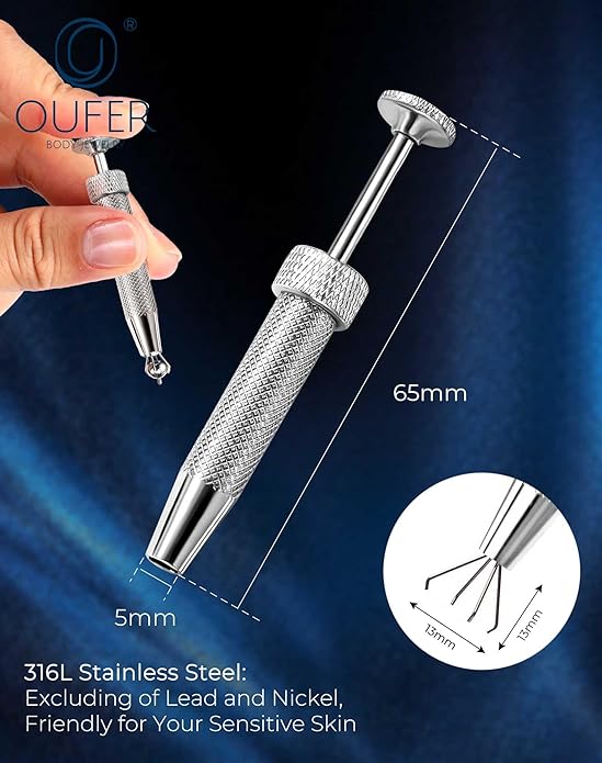 OUFER Piercing Ball Grabber, 16G 18G Flat Back Earrings Piercing Guide needle Tool, Surgical Steel Internally Threaded Push Pin External Thread Assistant Body Piercing Kit for Ear Nose Lip Tool