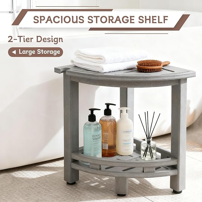 KALUMOON Corner Shower Stool, HDPE Waterproof Shower Bench for Inside Shower, Small Shower Chair Seat for Shaving Legs with Storage Shelf, Shower Head Holder, Adjustable Feet (Grey)