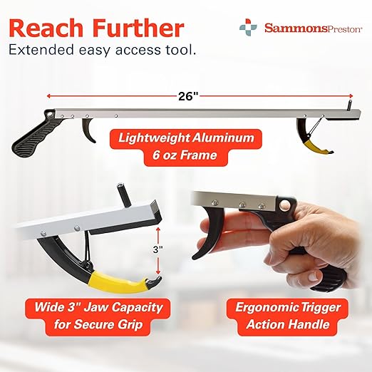 Sammons Preston Reacher, 26" Lightweight Grabber Reacher Tool with Magnetic Tip, Ergonomic Grip & Claw Jaw, Portable Reaching Aid for Seniors, Daily Living & Home Use, Standard Silver, 2 pack