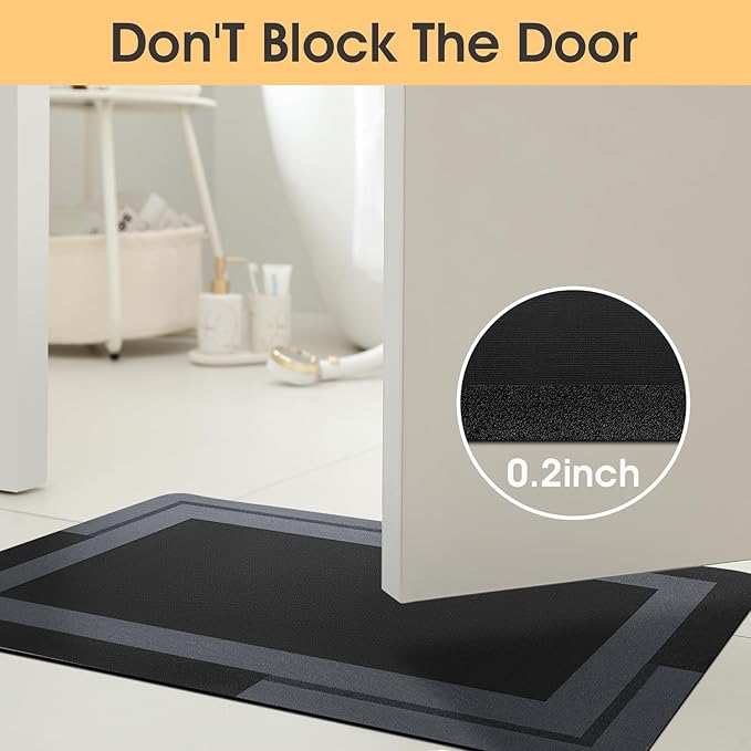 ACCUMTEK Non Slip Bath Mat, Thin Bathroom Rugs Fit Under Door, Quick Dry Bath Mats, Machine Washable Bath Rugs for Bathroom, Bathtub & Kitchen, Black/Bordered/24 x16