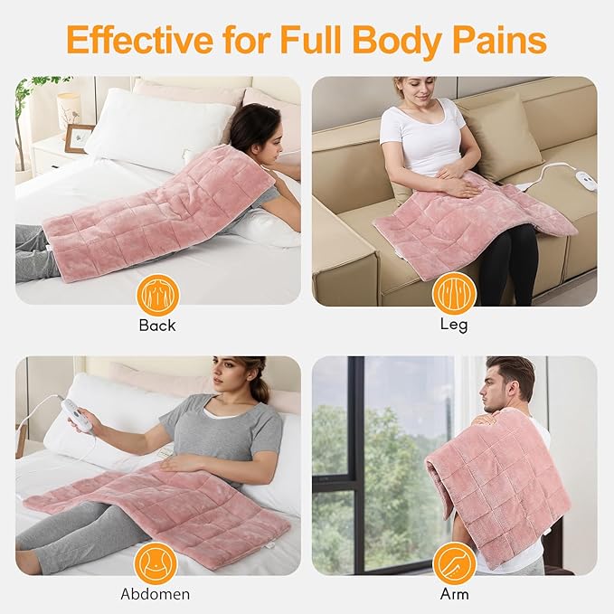 Weighted Heating Pad with 2 Massager,18"x33" X-Large Heated Pad for Back Pain Relief with 3 Heat Settings 2Hrs Auto Shut-Off for Neck Shoulder Arms Legs（4.85Lbs,Pink