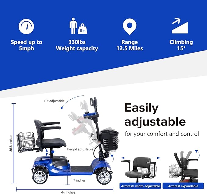 4 Wheel Compact Mobility Scooter for Seniors and Adults,Foldable Electric Scooter, Heavy Duty Travel Model with Lights, Basket, and Long-Lasting Battery210blue