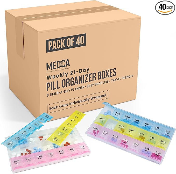 Weekly Pill Organizer - 21 Day Pill Planners for Pills Vitamins & Medication, 3 Times-a-Day Medication Reminder Boxes, Easy to Read & Travel Friendly (Case of 40pcs)