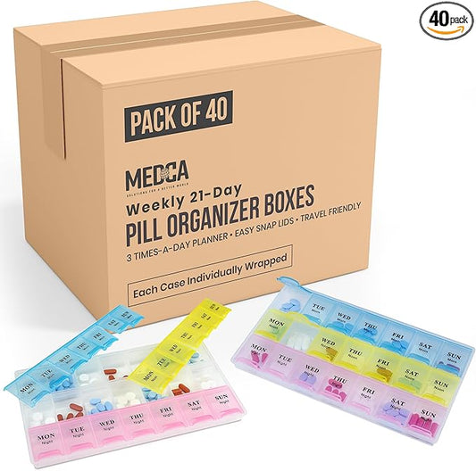 Weekly Pill Organizer - 21 Day Pill Planners for Pills Vitamins & Medication, 3 Times-a-Day Medication Reminder Boxes, Easy to Read & Travel Friendly (Case of 40pcs)