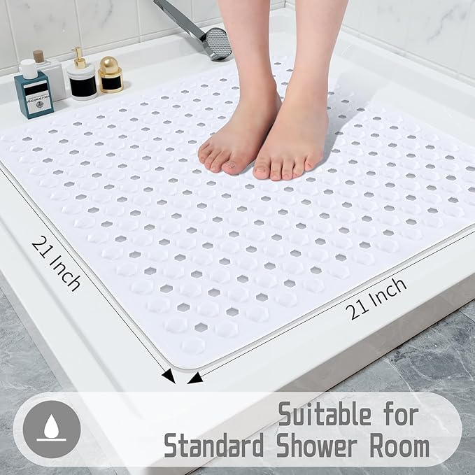 Yimobra Square Shower Floor Mat Non Slip, 21"x21" Machine Washable Bath Tub Mat, Soft on Feet, Bathmat with Drain Holes and Suction Cups, Fast Draining, White