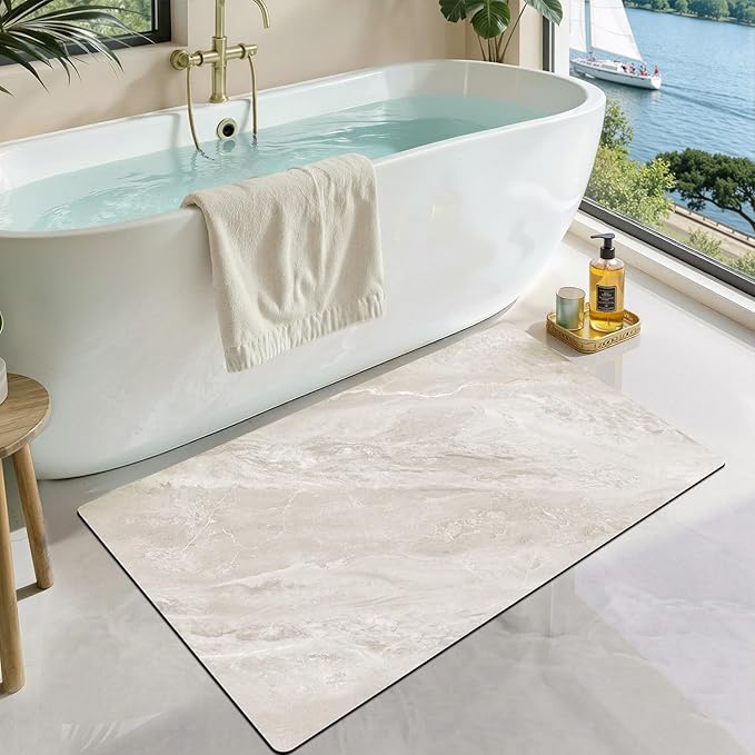 LUMI Ultra Thin Bath Mat, Super Absorbent Quick Dry Bathroom Rugs, Non-Slip Bathroom Mats, Marble Bathmats Fit Under Door, Bathtub, Sink, Shower Room, 24"x44", White Marble