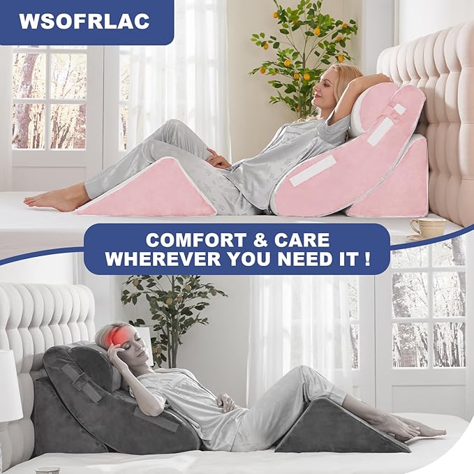 WSOFRLAC 4PC Geriatric Wedge Pillow System - Elderly Bed Wedges for Sitting/Sleeping, Post Surgery Body Positioner with Non-Slip Base (Ideal for Seniors & Pregnancy), White Pink