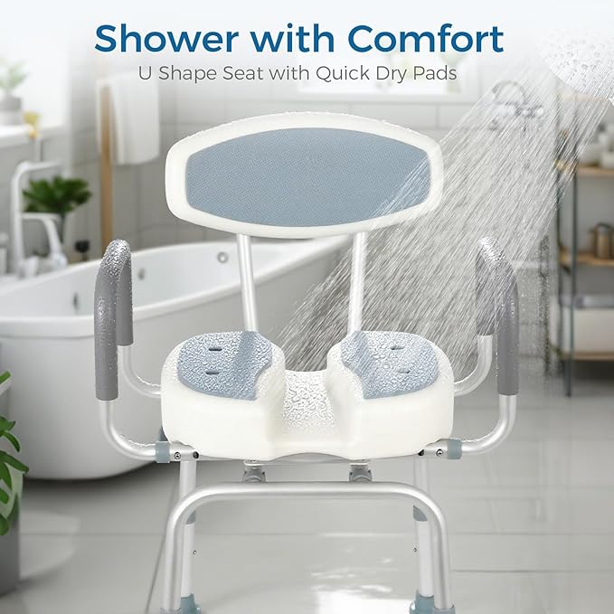 FAHKNS Senior Bathing Chair Swivel Shower Chair with Arms and Back, 400 lbs Heavy Duty U-Shape Seat for Inside Tub, Height Adjustable Safety Bath Seat for Elderly and Disabled