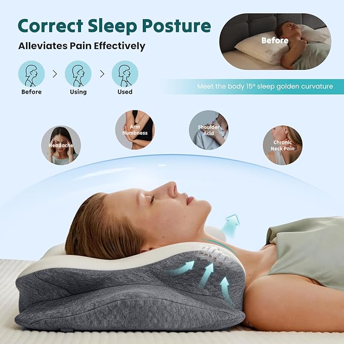 DUMOS Cervical Pillow for Neck and Shoulder, Contour Memory Foam Pillow, Ergonomic Neck Support Pillow for Side Back Stomach Sleepers with Pillowcase