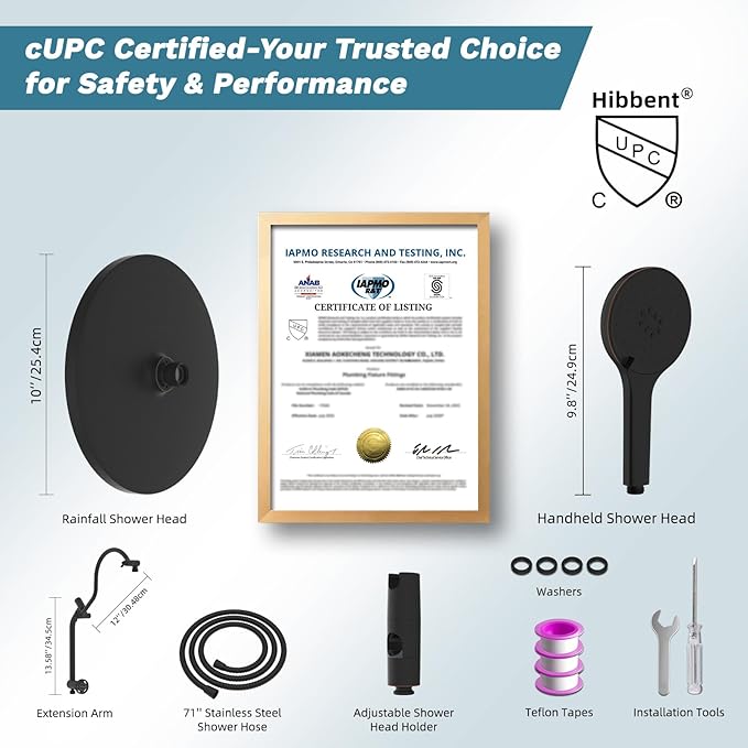 Hibbent cUPC Certified Self-cleaning Shower Head Combo, High Pressure 10'' Rain Showerhead with 3-Spray Handheld, All Metal Arm with Easy Reach 4-way Diverter, 71" Hose & Holder, Oil-rubbed Bronze